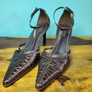 Ralph Lauren Brown Croc-Embossed Pointed Toe Heels